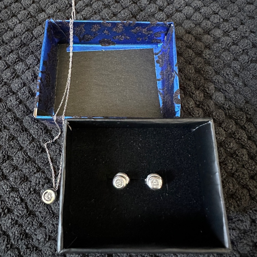Genuine Diamond Set Round Circle Bezel Earrings And Necklace 14k White Gold